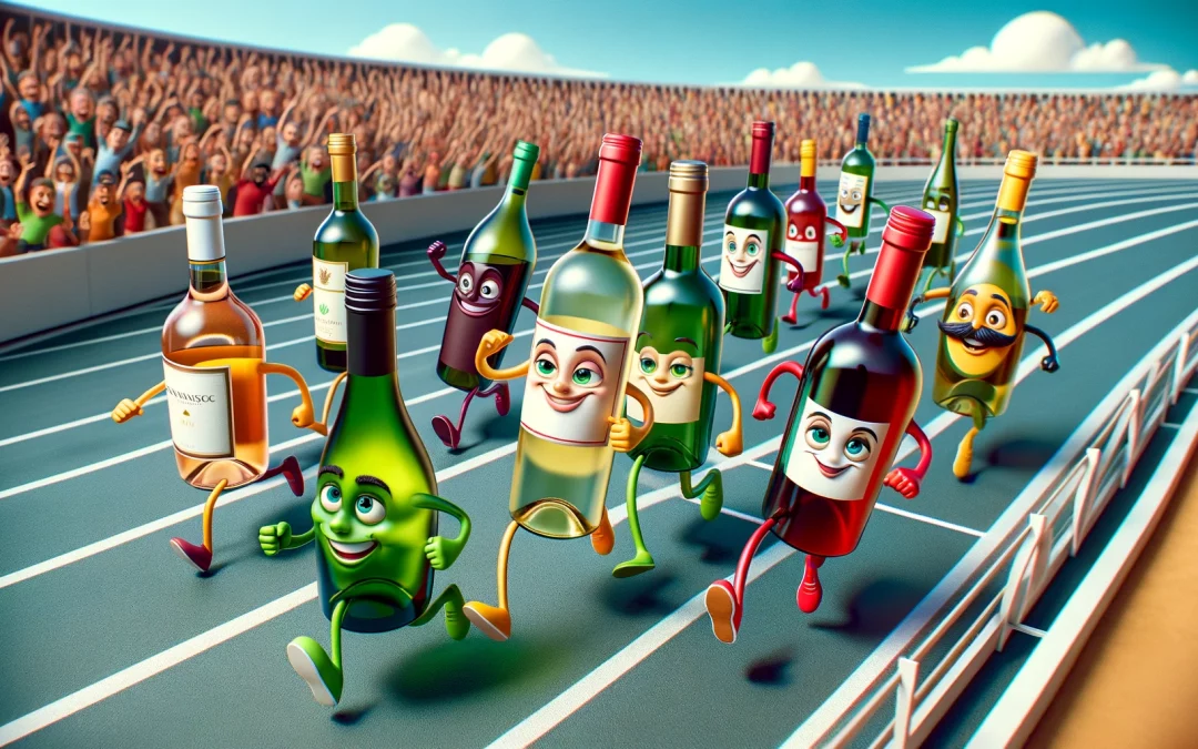 Des bouteilles de vin rouge font la course pour savoir qui sera le premier